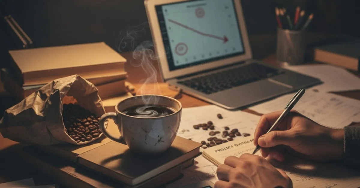 Mano sosteniendo una taza de café junto a un portátil